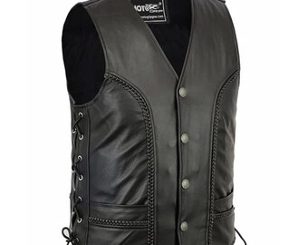 Naked Cowhide Leather Motorcycle Vest, Braid Detail, Laced Sides