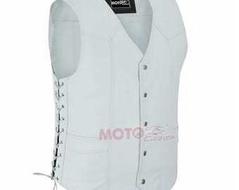 Men's White Cowhide Leather Motorcycle Vest: Side Lace, Traditional Biker Style