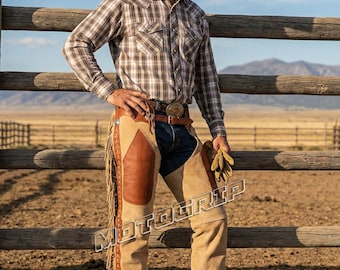 Men's Chap Cowboy Buck Skin Brown Suede Leather Horse Riding Western Style Chaps