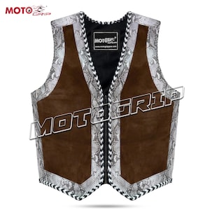 May include: A brown leather vest with a snakeskin pattern on the edges and a black interior. The vest has a zipper closure and the brand name "MOTO GRIP" is visible.