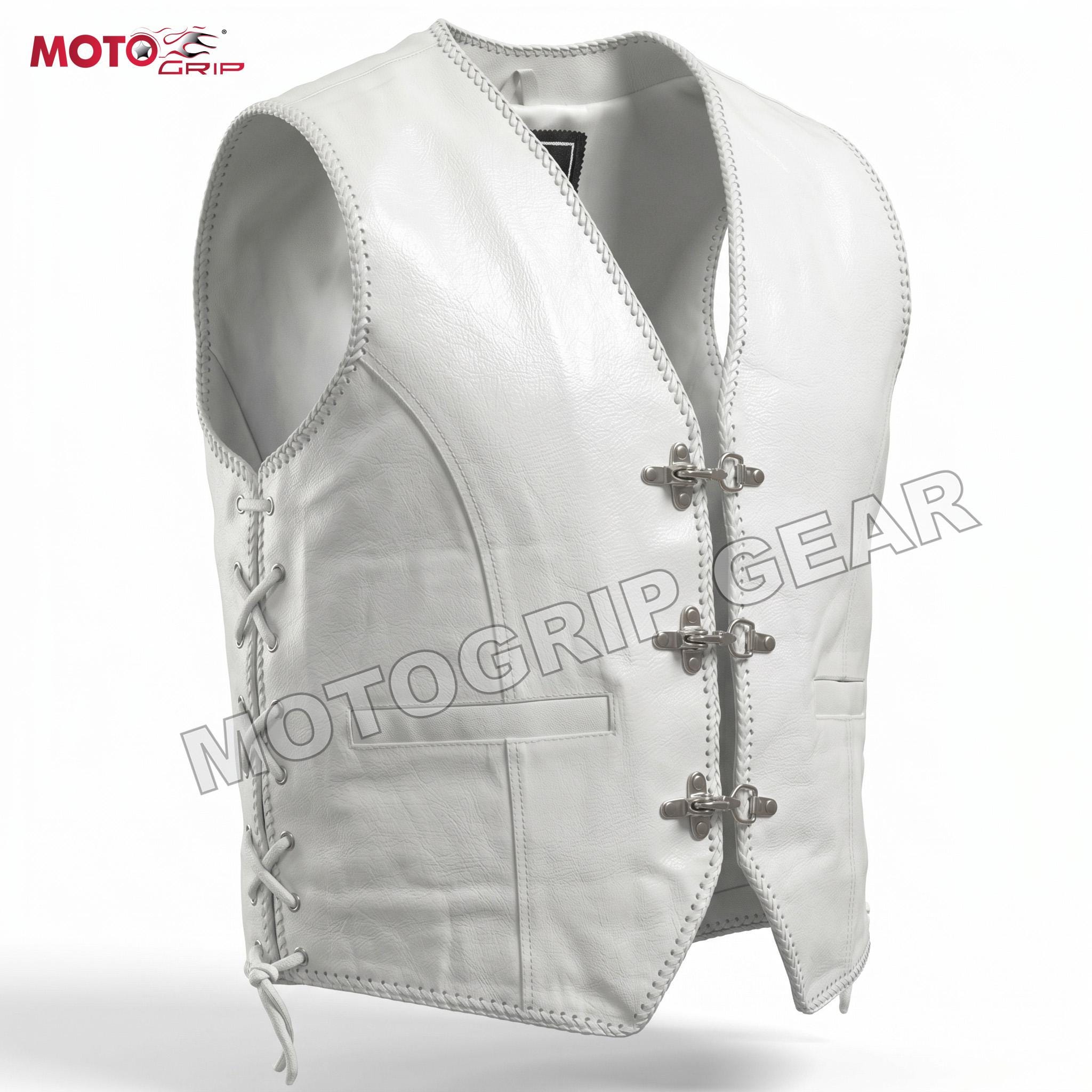 Men's Heavy Duty Genuine White Leather Biker Vest Rocker Motorcycle Waistcoat