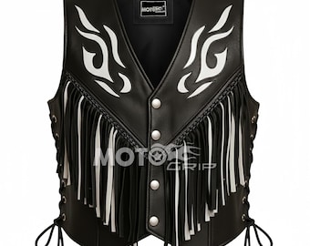 Chaleco de cuero blanco y negro con flecos estilo western para hombre: estilo motociclista con llamas tribales - Abrigo Rodeo