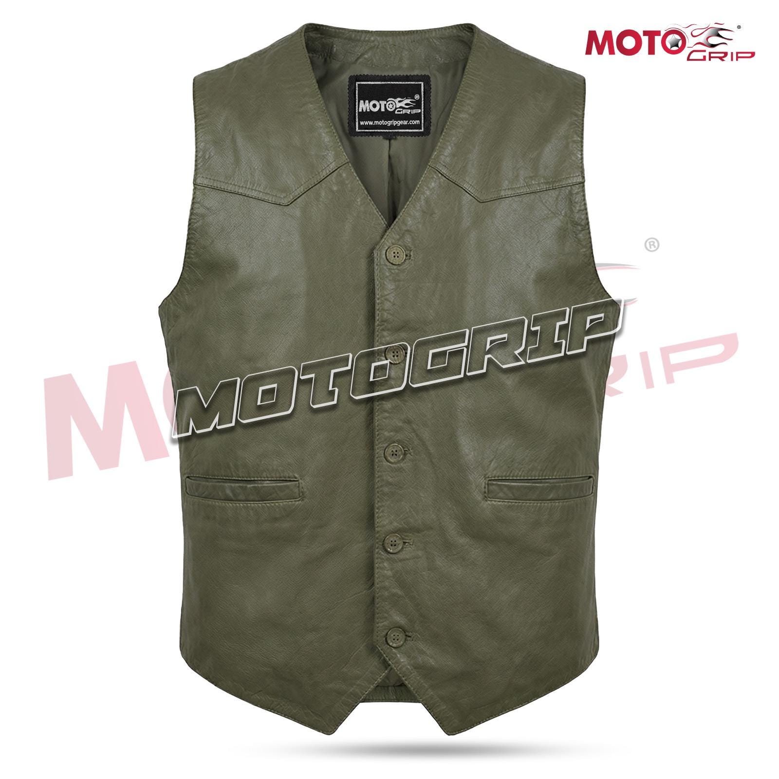 Men's Distressed Green Leather Vest Vintage Western Biker Waistcoat Sheepskin V Neck Motorcycle Vest