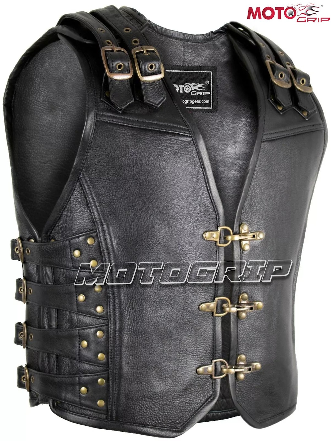 Men's Black Leather Biker Vest Rocker Motorcycle Waistcoat Double Sided ...