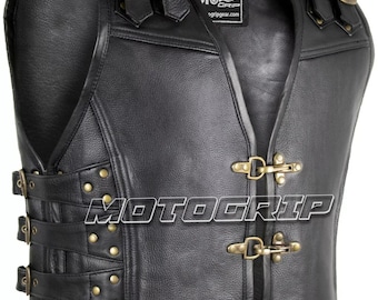 Men's Black Leather Biker Vest Rocker Motorcycle Waistcoat Double Sided Leather Buckle Closure