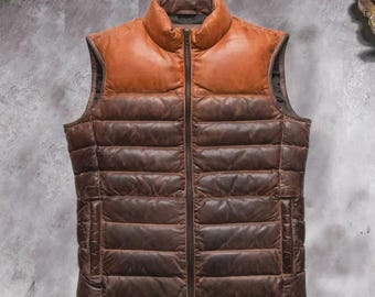 Lambskin Leather Puffer Vest Men's: Quilted Winter Waistcoat