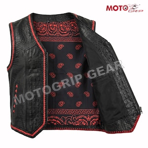 MOTOGRIP® Herr Motorcykelväst i krokodilstil, svart läderväst med rött foder