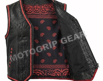 MOTOGRIP® Men's Crocodile Style Black Leather Vest & Red Lining Motorbike Waistcoat