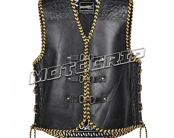 MOTOGRIP Heavy-Duty Leather Motorcycle Club Vest: Black Yellow Braided Edges, Buckle Closure