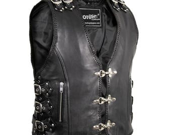 Chaleco de motociclista de cuero genuino negro resistente para hombre.
