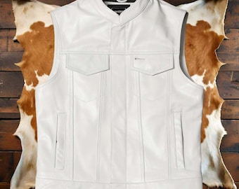 Men's White Leather Vest Diamond Motorbike Motorcycle Concealed White Waistcoat