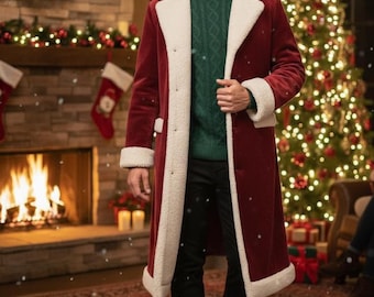 Red Velvet Santa Coat With Hood And Plush Lining Warm - View #2