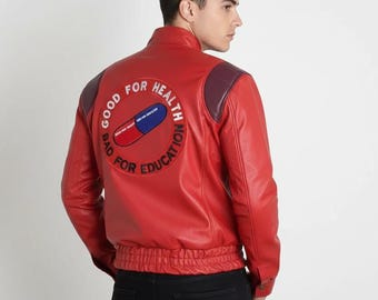 Handmade Red Leather Bomber Jacket - Streetwear -Men’s Urban Red Moto Jacket -Real Leather Akira Jacket with Pill Patch - Gift For Him
