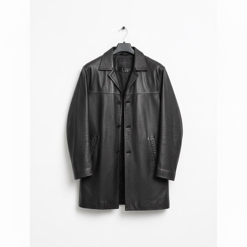 May include: A black leather coat with a button-up front and a collared neckline. The coat is hanging on a black hanger against a white background. The coat has two front pockets.