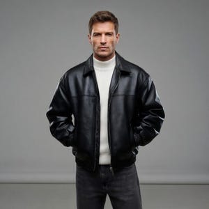 Handgjord 90-tals retro vintage-stil svart äkta fårskinnsbomberjacka herrskinnsjacka svart skinnjacka presentjacka