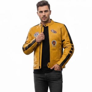 Kill Real Bill Yellow Jacket - echt leer Uma Yellow Thurman Racer Jacket - Handgemaakt geïnspireerd Kill Bill Yellow For Men cadeau voor hem