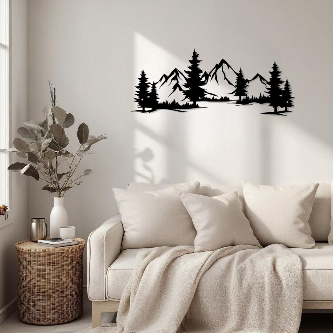 Rustic Mountain Forest Metal Wall Art, Black Nature Landscape Wall ...
