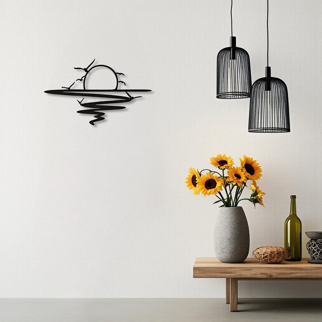 Metal Wall Art Sunset Over Water Line Sculpture, Minimalist Black Wall ...