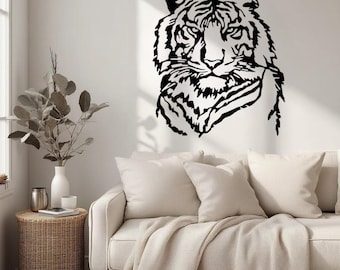 Tiger head metal wall art, minimalist black line wall decor for living room or office, modern animal wall sculpture gift