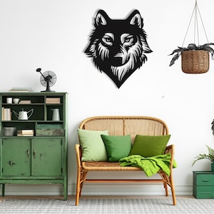 Väggkonst med varghuvud i metall, 3D-djursilhuett, väggdekoration för sovrum och vardagsrum, modern rustik skandinavisk stugstil, inflyttningspresent