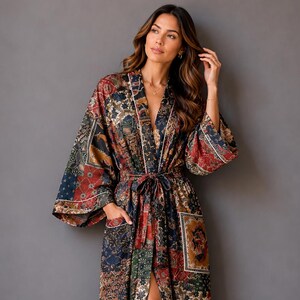 Kimono de algodón hecho a mano con retazos, estilo bohemio vintage.