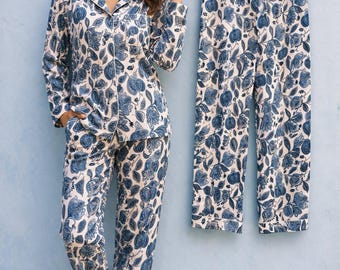 Blue Floral Cotton Pajama Set, Handblock Print Sleepwear