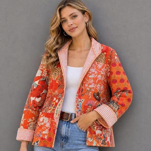 Orange Patchwork Quilted Jacket, Boho Cotton Floral Tiger Print Coat, Lightweight Layering Blazer
