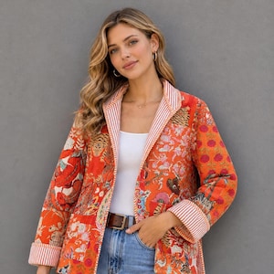 Orange Patchwork Steppjacke, Boho Baumwoll-Mantel mit Blumenmuster, leichter Schicht-Blazer