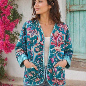 Reversible Quilted Hand Block Print Cotton Jacket, Lightweight Boho Kimono Coat