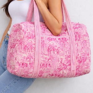 Pink Quilted Duffle Bag, Block Print Travel Weekender, Boho Floral Gym Carry On