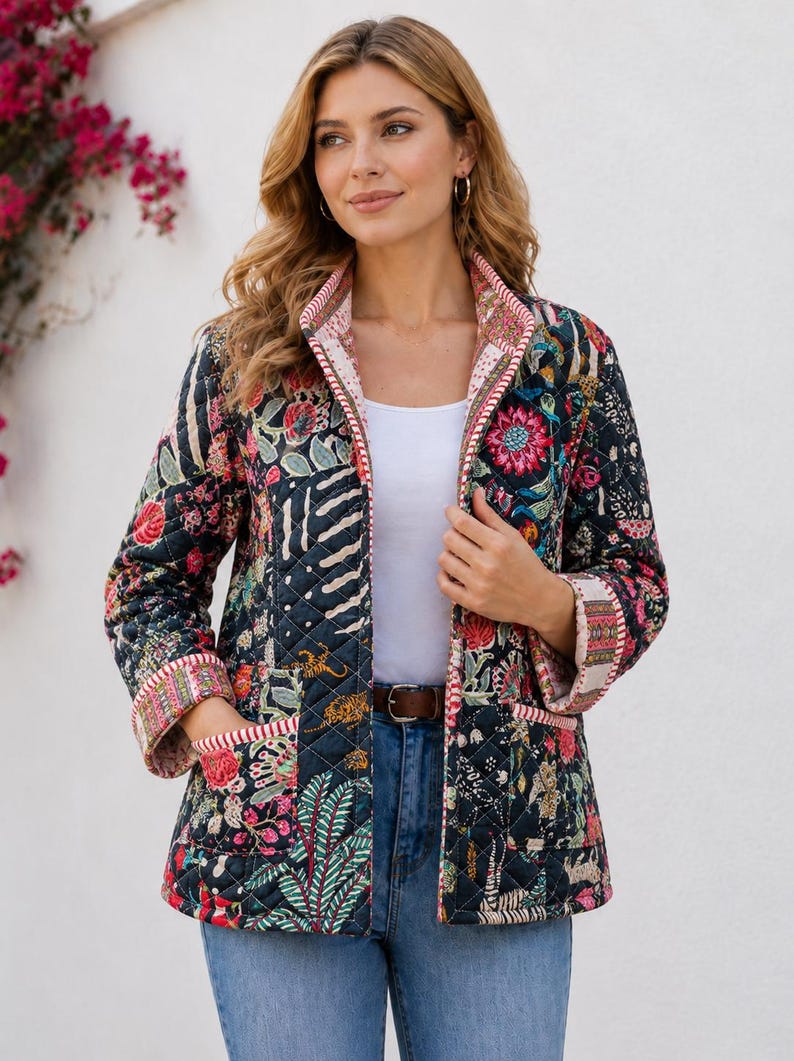 May include: A quilted jacket featuring a dark navy base with a vibrant, multi-coloured floral and animal print pattern. The jacket has a stand-up collar, long sleeves with folded cuffs, two front patch pockets, and a striped trim along the edges.