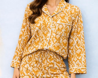 Handmade Cotton Pajama Set, Mustard Yellow Block Print Loungewear