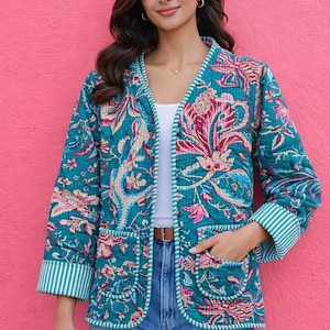Handmade Floral Quilted Cotton Jacket | Reversible Block Print Coat