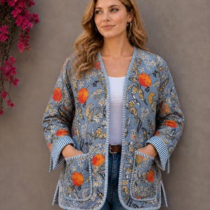 Omkeerbaar gewatteerd katoenen jack, fruitblokprint, handgemaakte Indiase boho-jas