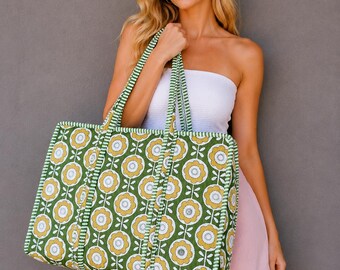 Borsa tote in cotone trapuntato con stampa floreale verde, borsa a tracolla stile boho per la spesa