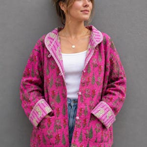 Handmade Reversible Quilted Jacket | Red Block Print Indian Cotton