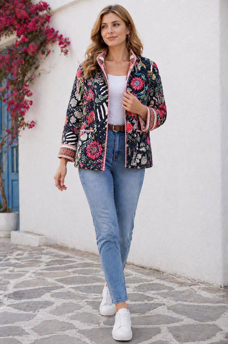 May include: A woman in a navy floral quilted jacket, light blue jeans, and white trainers. The jacket features pink trim and a brown belt. The outfit is completed with a white top.