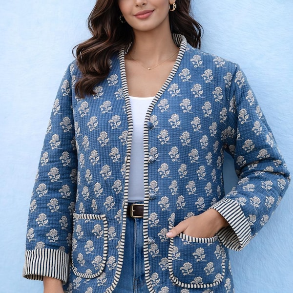 Handmade Indigo Kantha Jacket | Reversible Cotton Quilted Coat