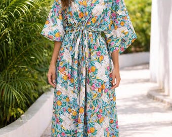 Tropical Floral Kaftan Maxi Dress, Boho Beach Cover Up, Kimono Sleeve Resort Wear