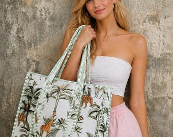 Quilted Cotton Safari Tote Bag, Handmade Tropical Animal Shoulder Bag