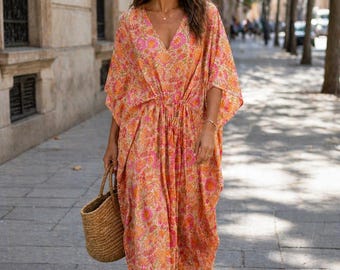 Handgefertigter Kaftan Kleid aus Baumwolle, Rosa Orange Floral Block Print Boho Kimono, Strand Cover Up