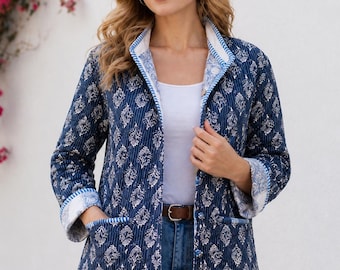 Blauwe gewatteerde jas dames dames boho vintage stijl lichtgewicht gewatteerde jas met blokprint