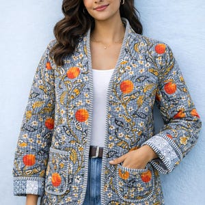 Grey Quilted Cotton Jacket – Floral Boho Kimono Coat Handcrafted Block Print Jacket | Reversible Quilted Coat