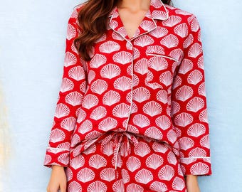 Red and White Shell Print Pajama Set | Comfortable Cotton Nightwear for Women