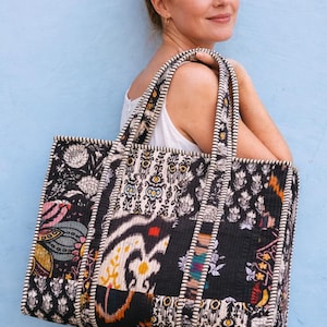 Patchwork Quilted Tote Bag, Handmade Cotton Block Print Shoulder, Boho Market Tote