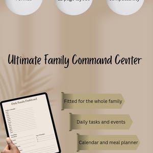 Op de afbeelding: Een digitaal familie commandocentrum met een dagelijks dashboard, kalender en maaltijdplanner. Kenmerken zijn A4-formaat, een eenvoudige lay-out van 12 pagina's en digitale compatibiliteit. Geschikt voor het hele gezin.