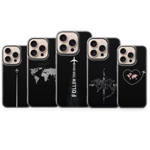 May include: A collection of black phone cases with various travel-themed designs. The cases feature images of airplanes, world maps, compasses, and the text "FOLLOW YOUR DREAMS". The cases have clear edges.