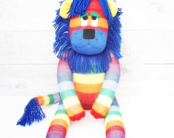 Lester the Sock Lion (soft toy, handmade, softie, sock softie, sock monkey, handmade soft toy, sock toy, personalise, rainbow) MADE TO ORDER
