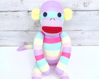 Marigold the Classic Sock Monkey (soft toy, softie, sock softie, sock monkey, handmade soft toy, personalise, pastel rainbow) MADE TO ORDER