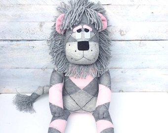 Leesa the Sock Lion (soft toy, handmade, softie, sock softie, sock monkey, handmade soft toy, sock toy, personalise,pink) MADE TO ORDER
